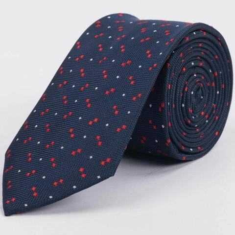 Аренда галстука синего цвета с мелким кросно-белым узором для мужского костюма