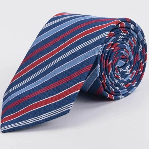 Синий галстук напрокат с выделенными разноцветными полосами для мужских костюмов