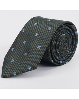 Зеленый галстук в аренду с голубым цветочным и синим квадратным узором для мужского костюма, изображение 1