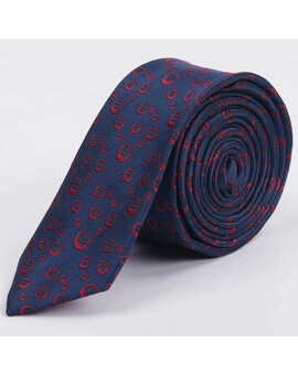 Прокат узкого галстука темно-синего цвета с красным кольцевым узором для мужских костюмов, изображение 1